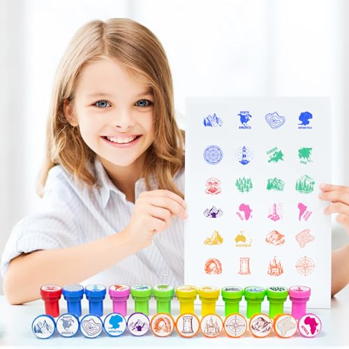 Cinrobiye 24 Pcs Geography Adventure Stampers Party Favor Set, Cute World Map Stamps for Kids Birthday Party, Classroom Rewards, Educational Learning Toys, Goody Bag Fillers, Themed Party Supplies - color: Geography Adventure