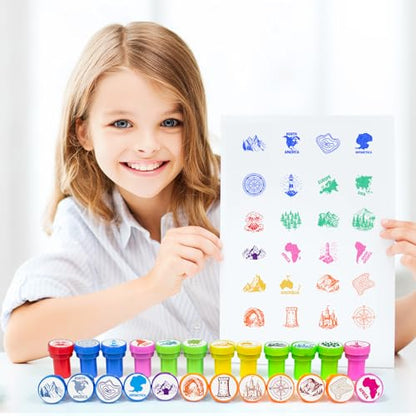 Cinrobiye 24 Pcs Geography Adventure Stampers Party Favor Set, Cute World Map Stamps for Kids Birthday Party, Classroom Rewards, Educational Learning Toys, Goody Bag Fillers, Themed Party Supplies - color: Geography Adventure