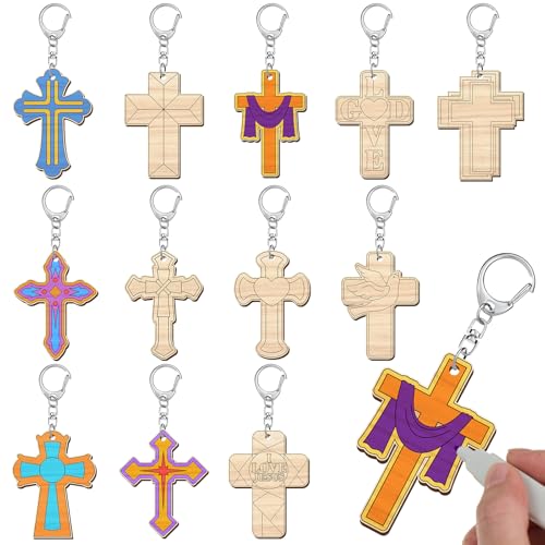 Trnayi 36 Pcs Religious Cross Wood Keychain Color Your Own DIY Craft - style: Religious Cross