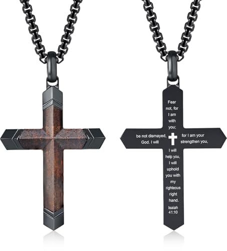 FLHEART Wooden Cross Bible Verse Necklace for Men, Hawaiian Handmade Real Black Ebony Wood Cross Pendant Stainless Steel Chain, Mens Cross Necklaces Koa Wood Jewelry Christian Baptism Easter Gifts - style: Isaiah 41:10 - 1pc