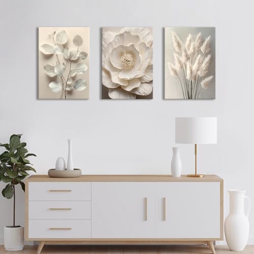 WENGTIAO 3Pcs Beige Floral Botanical Frame Canvas Wall Art 20"x28"x3 - color: Flower-White botanical, size: 20"x28"x3Pcs