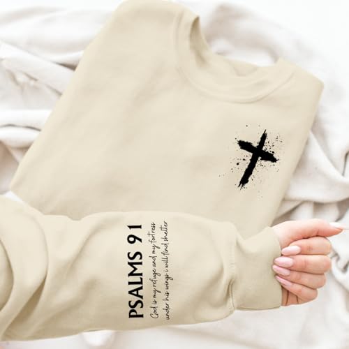 Women Christian Sweatshirt Psalms 91 Jesus Hoodie Religious Faith God Shirt Bible Verse Inspirational Pullover Tops - color: Apricot, size: Small