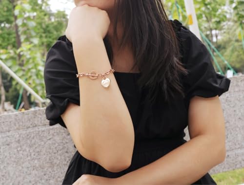 Heart Charm Bracelet Plated 18K Gold/Silver/Rose Gold Bible Scripture Heart Bracelet for Women Jewelry Gift Her Link Chain OT Clasp Stainless Steel - color: Rose Gold（9.1 inch）