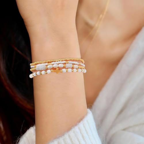 Gold Beaded Bracelets Stack for Women Stackable 14K Gold Plated Beads Ball Cross Bracelet Boho Christian Jewelry Faith Friendship Birthday Gifts for Women - color: White Crystal