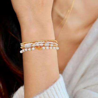 Gold Beaded Bracelets Stack for Women Stackable 14K Gold Plated Beads Ball Cross Bracelet Boho Christian Jewelry Faith Friendship Birthday Gifts for Women - color: White Crystal