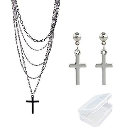PPX Multilayer Gothic Retro 80s Black Long Chain Fashion Cross Necklace and Stainless Steel Dangling Cross Earrings for Men Women-with Storage Box
