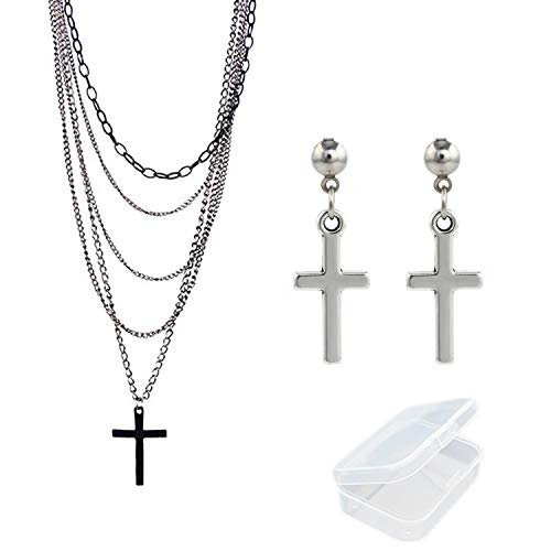 PPX Multilayer Gothic Retro 80s Black Long Chain Fashion Cross Necklace and Stainless Steel Dangling Cross Earrings for Men Women-with Storage Box