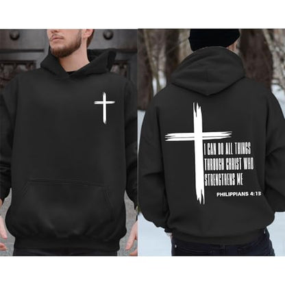 Tuislay Mens I Can Do All Things Through Christ Hoodies Christian Jesus Hoodie Religious Cross Sweatshirt Faith Pullover Tops - color: Black, size: Small