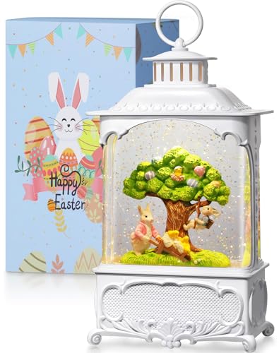 Easter Snow Globe Lantern Bunny Tree with Timer, USB and Battery Powered, Easter Decorations for Home Bunny Eggs Tree Chicken - color: Bunny Tree