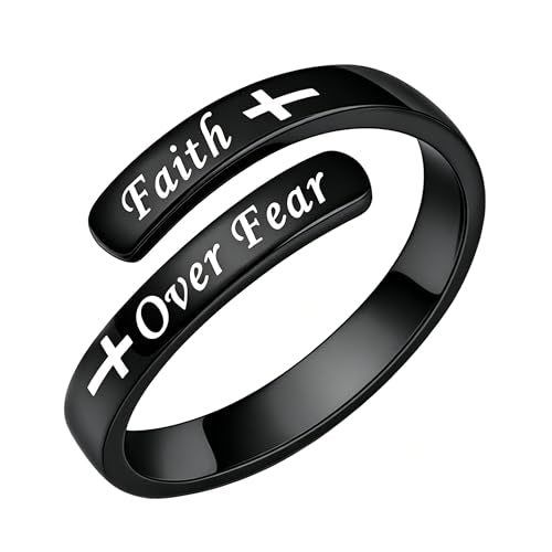 Faith Over Fear Cross Inspirational Rings for Women Daughter, Christian Blessed Hope Love Encouragement Rings Adjustable Open Tiny Purity Wrap Thumb Cross Ring Jewelry Graduation Cocktail Party - color: Black