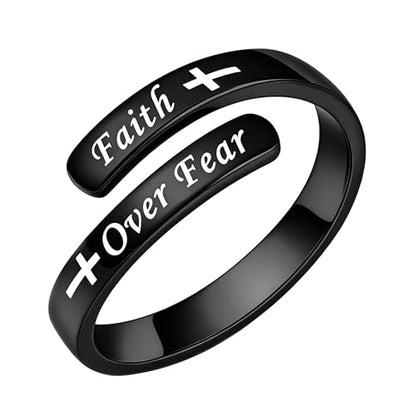 Faith Over Fear Cross Inspirational Rings for Women Daughter, Christian Blessed Hope Love Encouragement Rings Adjustable Open Tiny Purity Wrap Thumb Cross Ring Jewelry Graduation Cocktail Party - color: Black