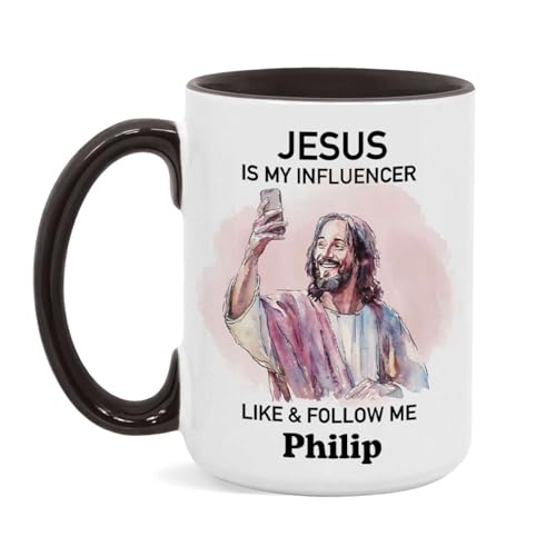 Christian Personalized Mug - Religious Accent Cup 11oz 15oz, Customized Humorous Design for Adults, Funny Jesus Coffee Cup, Ceramic Gift - color: XUA-324-1564-JESUS IS MY INFLUENCER MUG