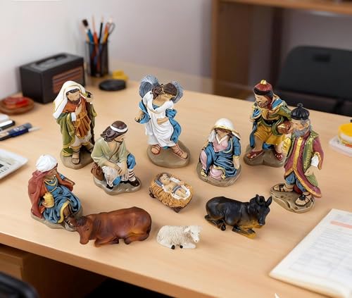 11-Piece Nativity Set - Hand-Painted Resin Holy Family Figurines, Complete Christmas Nativity Scene with Angel, 3 Kings, Shepherds & Animals for Home Decor & Gifts
