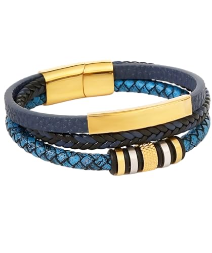 Kim Carrey Italian Handmade Leather Bracelets for Men - color: Braided Gold Blue, size: 8.2"