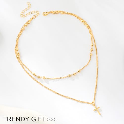 Sterling Silver Plated Cross Necklace 14K Gold Layered Beads Necklace Chain Waterproof Trendy Jewelry for Women - color: Gold