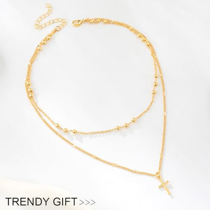 Sterling Silver Plated Cross Necklace 14K Gold Layered Beads Necklace Chain Waterproof Trendy Jewelry for Women - color: Gold
