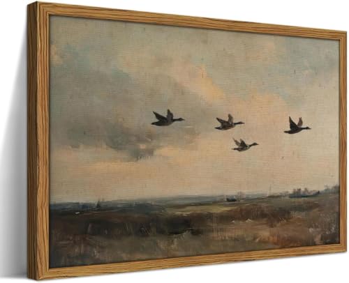 Framed Vintage Flying Duck Wall Art Rustic Mallard Duck Picture Wall Decor Nature Wilderness Landscape Painting Canvas Prints Countryside Farmhouse Home Decor for Bedroom Living Room-12×16in - color: Flying Duck, size: 16"L x 12"W