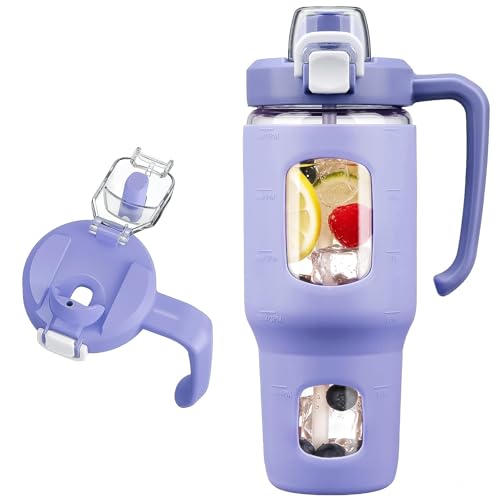 32oz Glass Tumbler with Straw Handle, Reusable Iced Coffee Cup, Purple - color: Purple