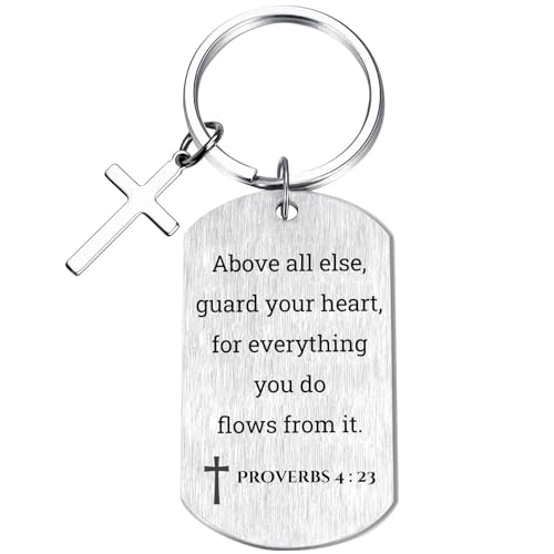Inspirational Scripture Keychain with Cross - Bible Verse Matte Key Chain Religious Gift for Christian - style: Proverbs 4:23