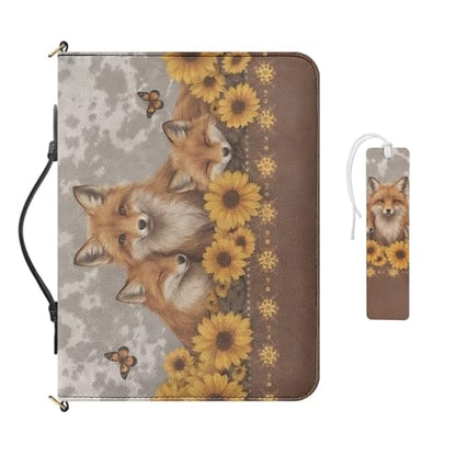 Fox Sunflower Print Bible Cover with Leather Bookmark Butterfly Print Bible Carrying Case with Handle and Strap Roomy Bibles Study Accessories for Women Men Church, Grey