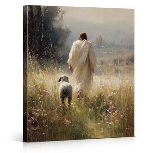 Christian Good Shepherd Wall Art Print - Jesus Leaves The 99 Religious Canvas Picture Painting Landscape Wall Decor for Home Farmhouse Prayer Room 8x10 Framed - color: color-A
