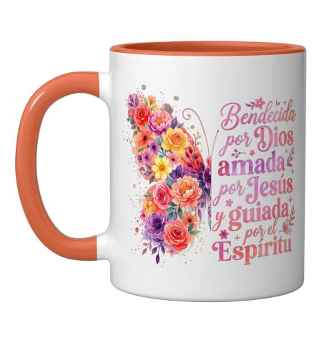 Bendecida Por Dios Amada Por Jesus Christian Spanish Floral Ceramic Mug, Orange/White - color: Orange/White, size: 11 Ounces