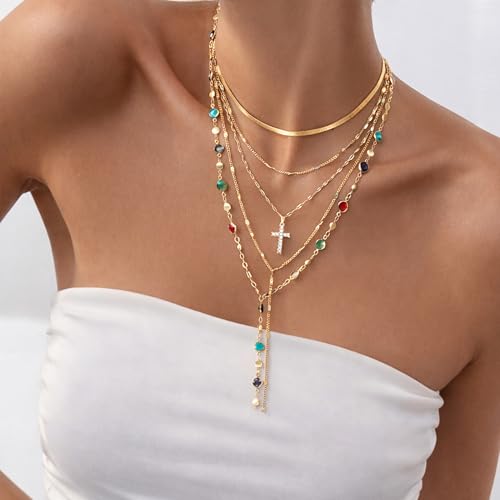 FAXHION 5PCS 14k Gold Plated Cross Necklaces for Women, Pendant Stacked Layered Diamond Y Long Boho Jewelry Sets Adjustable Accessories Trendy Gifts for Women - color: gold-01