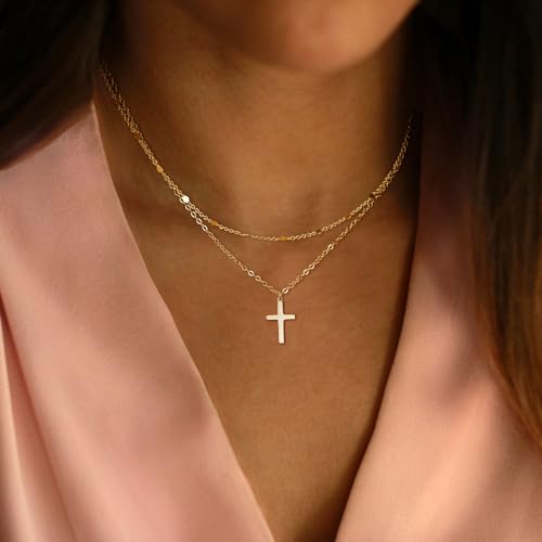 Cross Necklace for Women 14K Gold Silver Plated Small Cross Necklace Dainty Cross Pendant Choker Simple Trendy Cute Sideway Cross Charm Chain Necklaces for Women Trendy Christian Baptism Religious Faith Jewelry Gifts - size: Gold-519