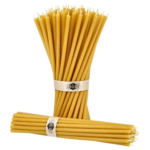 Danilovo Thin Taper Beeswax Candles - Honey-Scented, Decorative Candles Ideal for Birthday Decoration or Church Prayers - Yellow Drip Free, Tall & Smokeless Pack of 50 pcs, 7.3 x 0.24 inch - color: Yellow