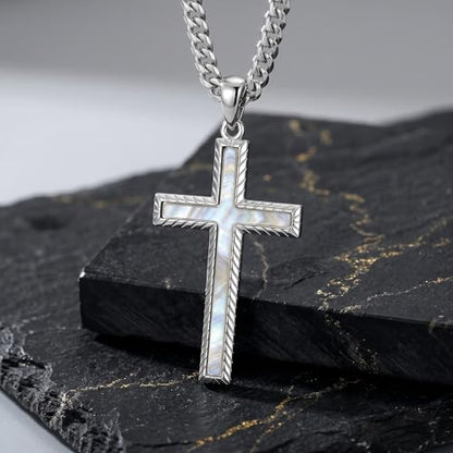 MRENITE Silver Natural Stone Cross Necklace, Classic Latin Cross Pendant Necklace for Unisex Women Man, Vintage Crystal Quartz Cross Necklace with 20+2 Inches Adjustable Cuban Chain - style: Mother of Pearl