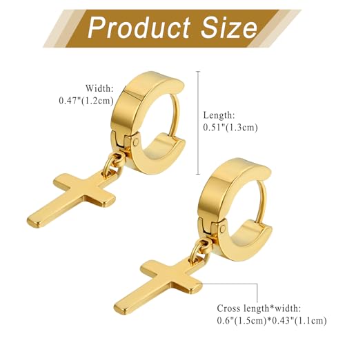 Cupimatch 3-6 Pairs Stainless Steel Cross Dangle Huggie Hinged Hoop Earrings for Men Women (1 Pair Silver Cross) for Mother's Day - color: Gold