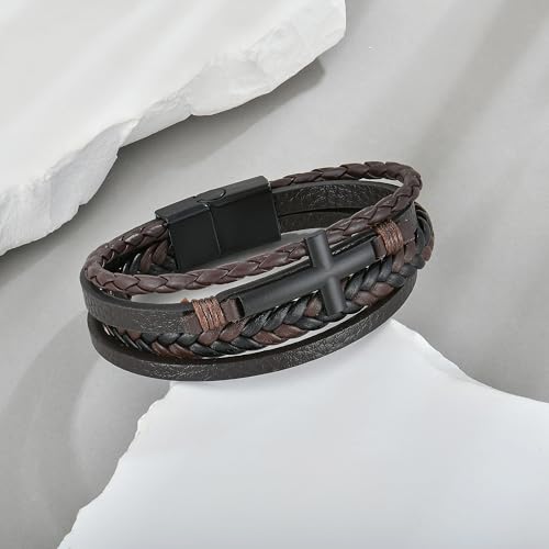 Mens Cuff Cross Bracelet Multi-Layer Braided Leather Cross Bracelet for Religious Bangle Wristband Faith Christian Jewelry for Men Teen - color: C.Brown, size: 8.3in(21~21.5cm, Fits most wrists)