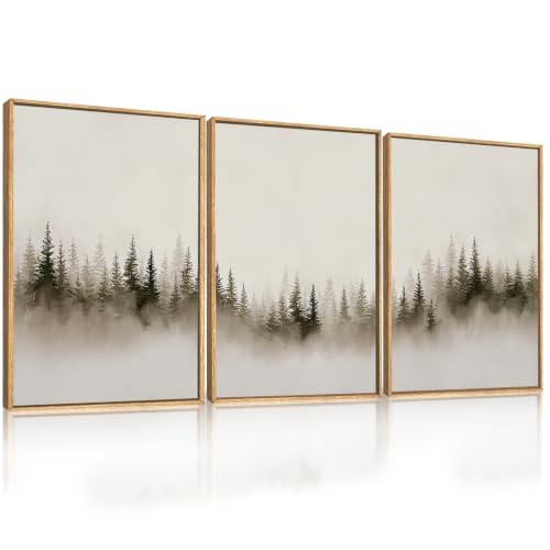 Abstract Neutral Gray Forest Landscape Framed Canvas Wall Art Set, Watercolor Foggy Woodland Wall Decor, Modern Minimalist Misty Pine Tree Artwork for Living Room, Farmhouse, Office- 24"x36"x3 - color: Neutral Gray Misty Forest Wall Art, size: 24"L x 36"W