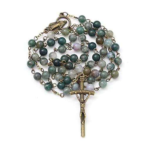 KOMI Rosary Beads Catholic for Women Gemstone Rosary Beads Necklace with Crucifix Cross Crystal Pearl Rosary Rosarios Catolicos Catholic Gifts - style: 6mm Agate Beads
