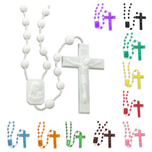 RosaryMart Catholic Rosary Beads for Prayer – White Plastic Rosary Necklace with Crucifix, Durable Nylon Cord, Made in Italy, Devotional Prayer Beads for Women and Men – Pack of 25 - color: White, size: 25 per bag