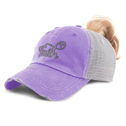 Ponytail Cap Women's Baseball Cap Embroidered Faith Christian Cross Faith Jesus Christ Cotton - color: Lavender Design Only