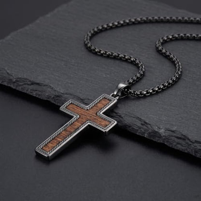 Cross Necklace for Men 925 Sterling Silver & Wood Cross Pendant with Stainless Steel Chain Cross Necklace for Men Women Christian Jewelry Gift - color: Cross-3