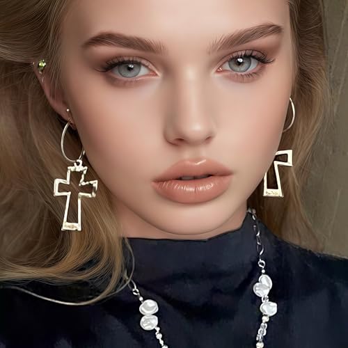 Gold Hoop Earrings Chunky Earrings Cross Earrings Lightweight Drop Dangle Huggie Hoop Earrings for Women Vintage Statement Jewelry - color: Gold