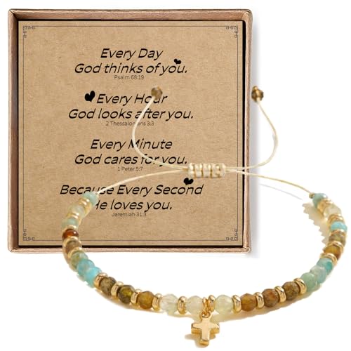 Christian Gifts for Women, Cross Bracelet, Natural Stone Beaded Jewelry - color: Green