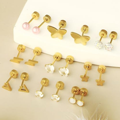 Stainless Steel Stud Earring 1 Pair Gold Small Flatback Earrings Helix Hypoallergenic Flat Back Jewellery Dainty Screwback Tiny Jewelry for Sensitive Ears Women Ladies Aretes De Mujer - style: Butterfly