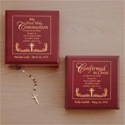 Let's Make Memories Personalized Communion Keepsake Box - Scripture - Sacrament - Religious Keepsake - First Communion - Natural Wood - Cherry Finish - Inspirational Verse - 6.75”Lx6.75”W - style: Scripture - Communion