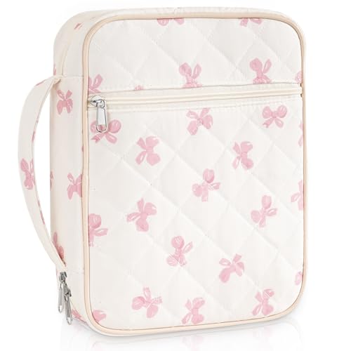 Bible Cover Case for Women Large Bow Bible Bag Organizer Quilted Study Supplies Accessories Carrying Cases for Girls Portable Tote Bag Christian Gifts - color: Pink Bow