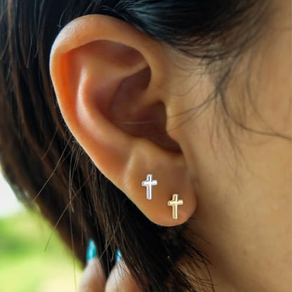 4pcs Cross Earrings for Women, Flat Back Cross Stud Cartilage Piercing Jewelry for Everyday Wear (Silver, Gold)