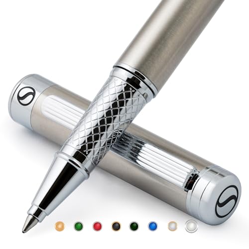 Scriveiner Stainless Steel Rollerball Pen - Stunning Luxury Metal Pen with Silver Chrome Finish, Schmidt Ink Refill, Best Roller Ball Pen Gift Set for Men & Women - color: 16. Stainless Steel with Chrome