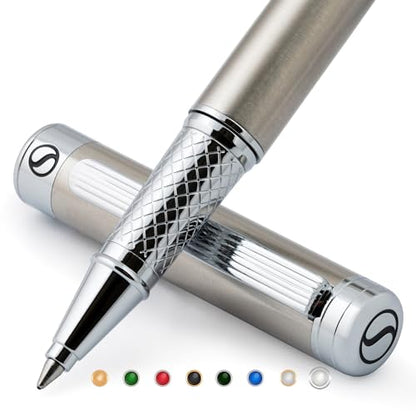 Scriveiner Stainless Steel Rollerball Pen - Stunning Luxury Metal Pen with Silver Chrome Finish, Schmidt Ink Refill, Best Roller Ball Pen Gift Set for Men & Women - color: 16. Stainless Steel with Chrome