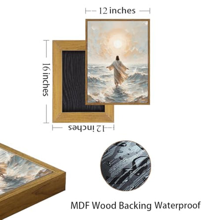 Jesus Walking on Water Sunlight Framed Canvas Wall Art 12x16 inch - color: Sunlight, size: 12"x16" Natural