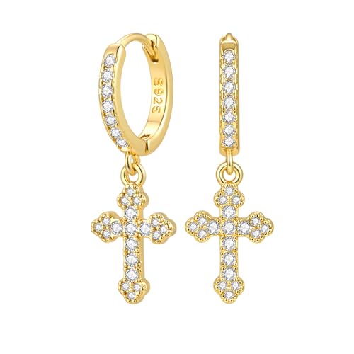 Small Cross 925 Sterling Silver Dangle Drop Earrings for Women Men - color: Gold Plated