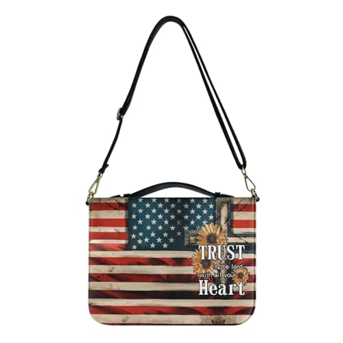 Bible Cover for Women Men Waterproof Crossbody Bag with Handle Tote Bag for Pens, Highlighters M-2XL - color: American Flag Cross, size: 2XL(11”L x 8”W x 2.1”H)