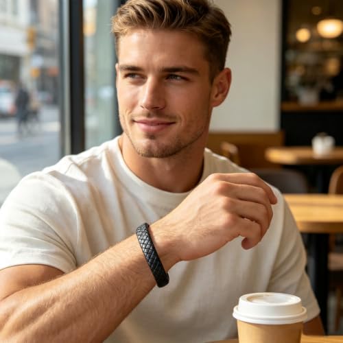 Kim Carrey Italian Handmade Leather Bracelets for Men - color: Black Braid, size: 8.6"