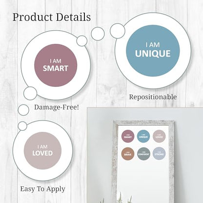 Affirmation Mirror Decals - Set of 6 Colorful Vinyl Circle Dot Stickers I Am Smart, Unique, Loved, Brave, Confident - Bathroom Bedroom Dorm Apartment - color: Circle Affirmation